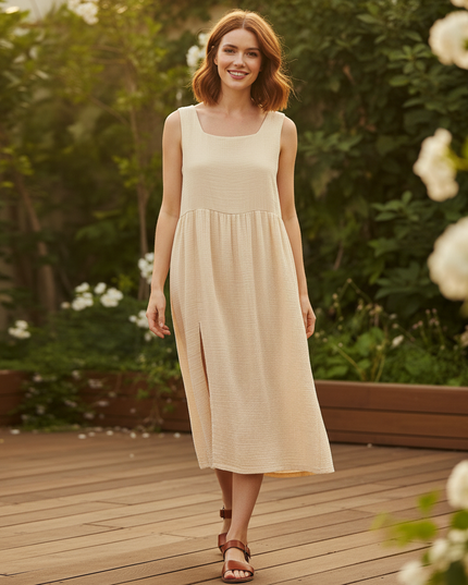 Musselin Kleid Traeger - Beige Boho Strandkleid - Ansicht 5
