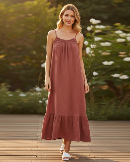 Musselin Kleid Weinrot Lang - Elegantes Maxikleid - Ansicht 1
