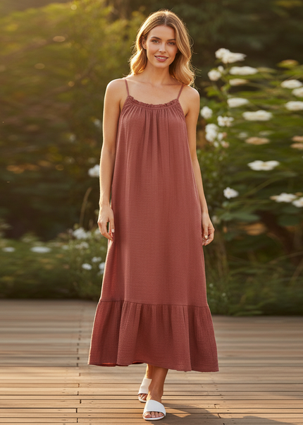 Musselin Kleid Weinrot Lang - Elegantes Maxikleid - Ansicht 1