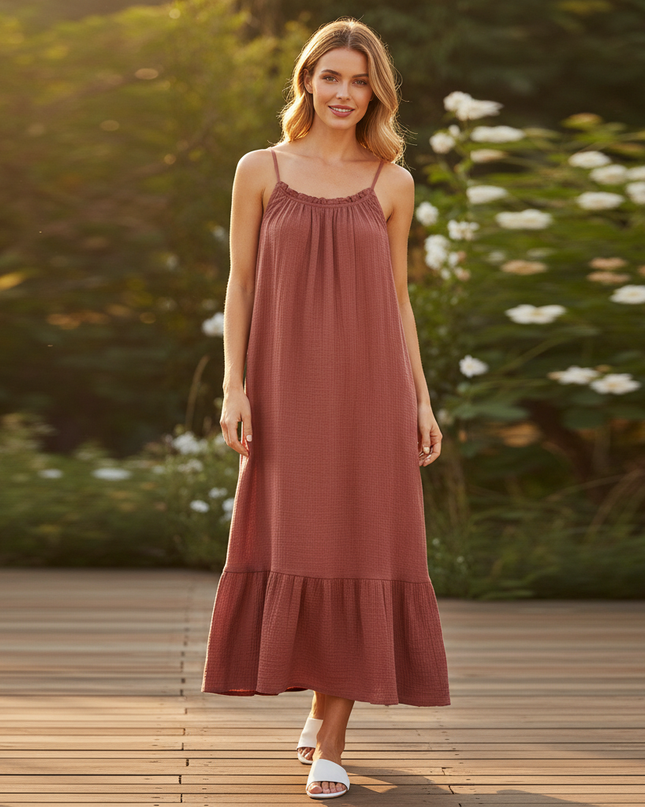 Musselin Kleid Weinrot Lang - Elegantes Maxikleid - Ansicht 1