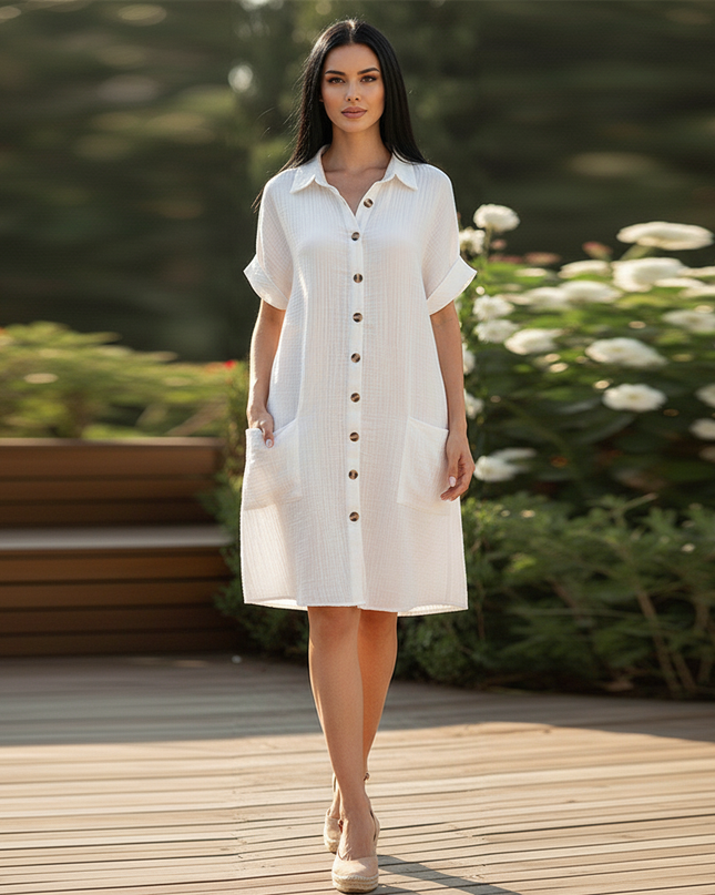 Musselin Kleid Weiss Kurz - Knielang mit Taschen - Ansicht 5