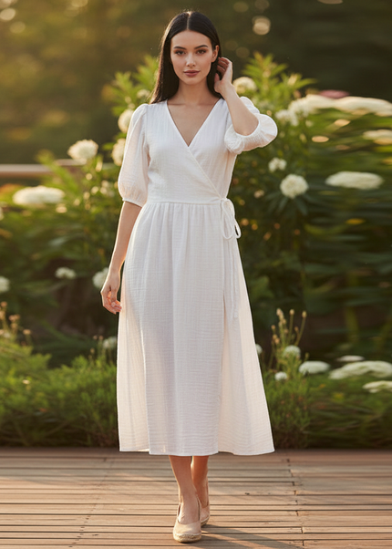 Musselin Kleid Weiss Sommer Lang | Musselin Kleid - Ansicht 1