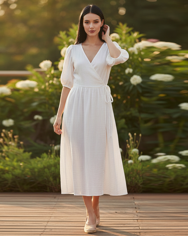 Musselin Kleid Weiss Sommer Lang | Musselin Kleid - Ansicht 1