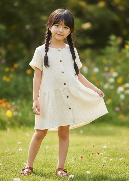 Musselin Kleider Kinder - Weisses Knopfkleid 90-130 - Ansicht 1