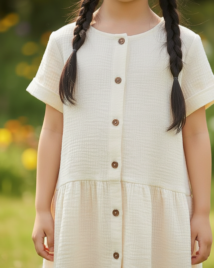 Musselin Kleider Kinder - Weisses Knopfkleid 90-130 - Ansicht 4