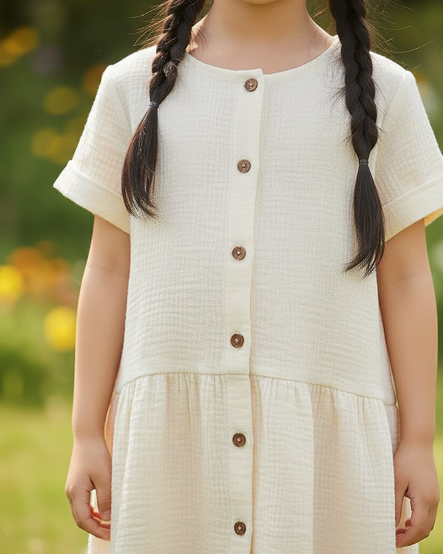 Musselin Kleider Kinder - Weisses Knopfkleid 90-130 - Ansicht 4