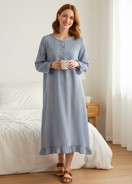 Musselin Nachthemd Damen Blau - Floralprint Midi - Ansicht 1