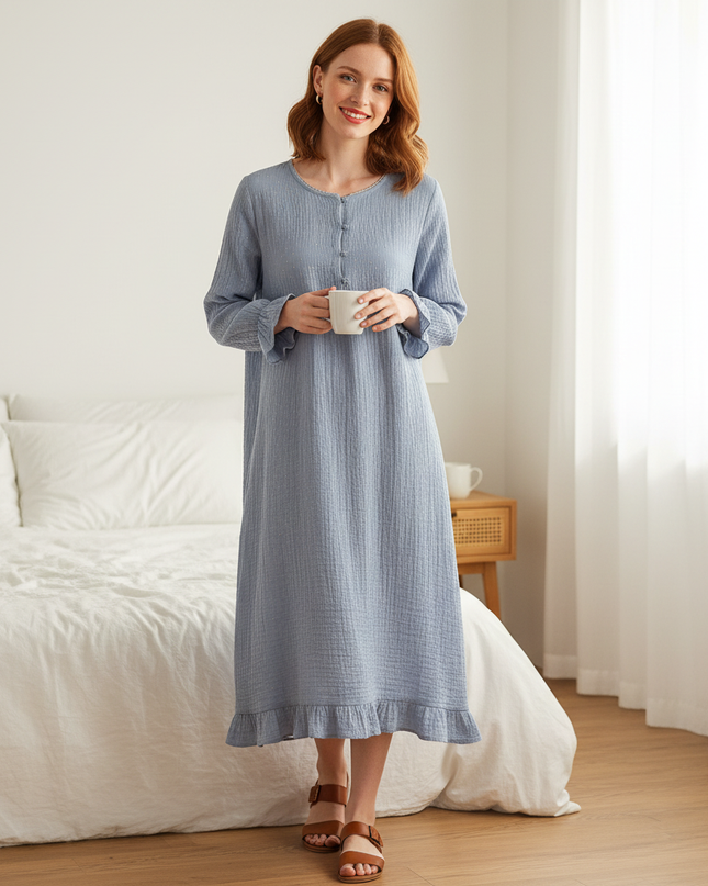 Musselin Nachthemd Damen Blau - Floralprint Midi - Ansicht 1