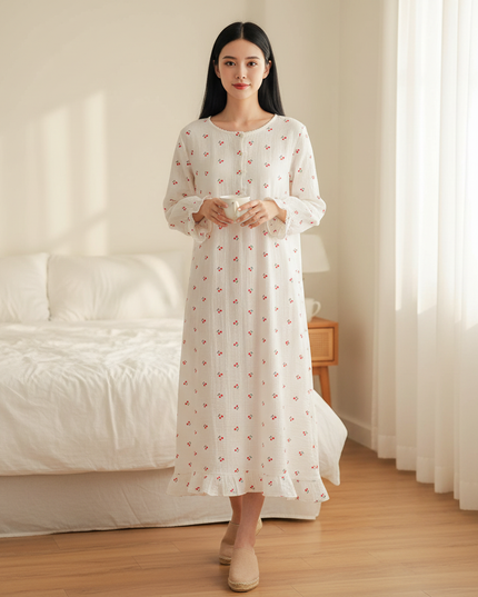 Musselin Nachthemd Damen Blumen - Laternarm Midi - Ansicht 1