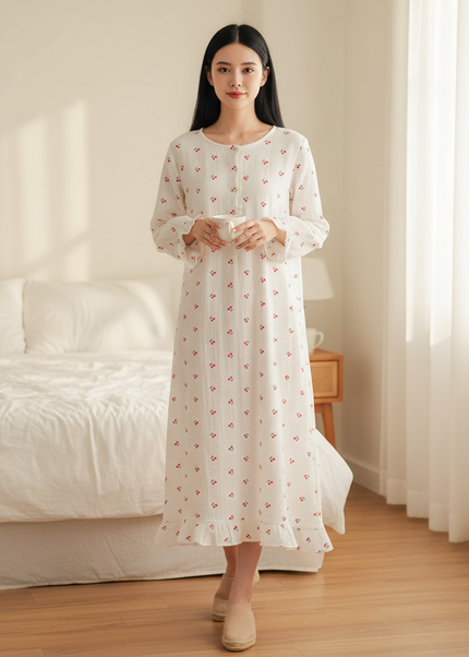 Musselin Nachthemd Damen Blumen - Laternarm Midi - Ansicht 1