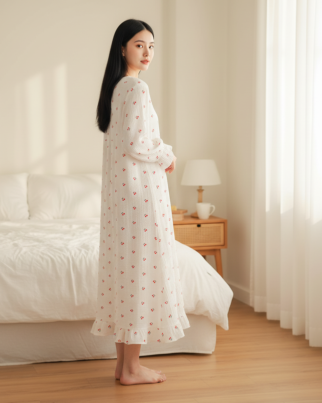 Musselin Nachthemd Damen Blumen - Laternarm Midi - Ansicht 2