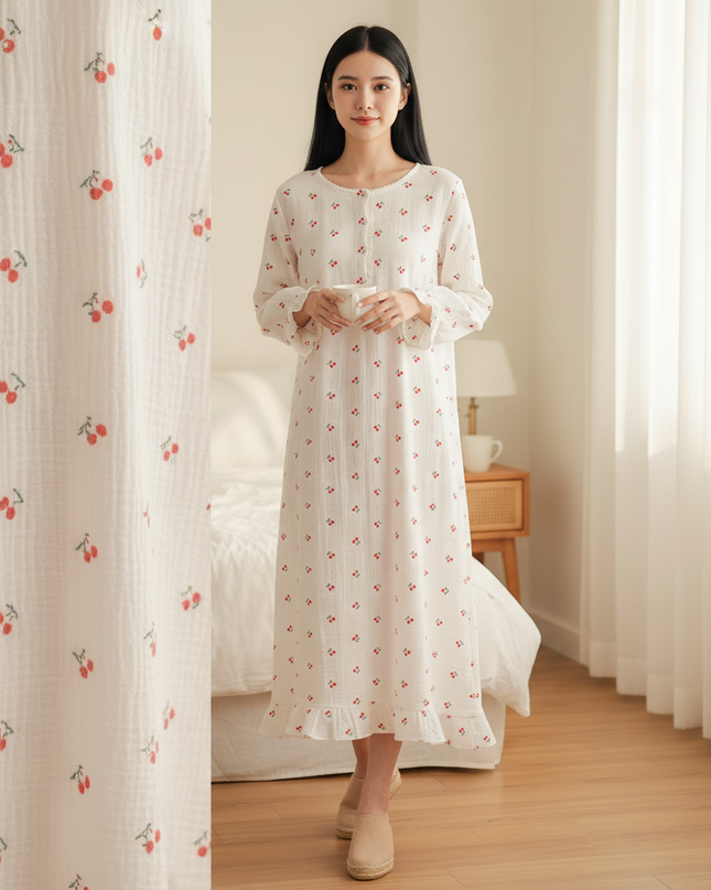 Musselin Nachthemd Damen Blumen - Laternarm Midi - Ansicht 4