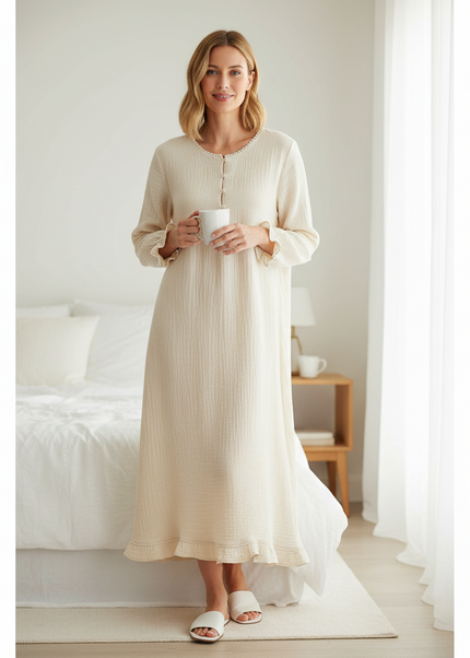 Musselin Nachthemd Damen Creme Beige Knopfleiste - Ansicht 1