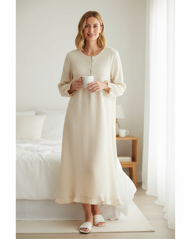 Musselin Nachthemd Damen Creme Beige Knopfleiste - Ansicht 1