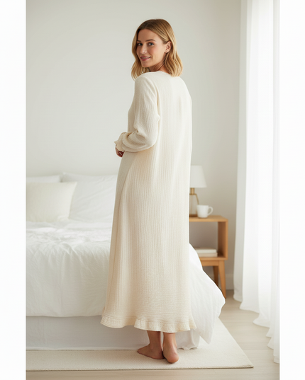 Musselin Nachthemd Damen Creme Beige Knopfleiste - Ansicht 2
