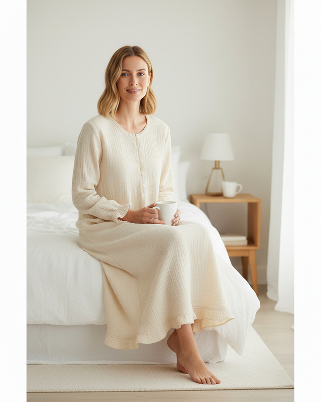 Musselin Nachthemd Damen Creme Beige Knopfleiste - Ansicht 3