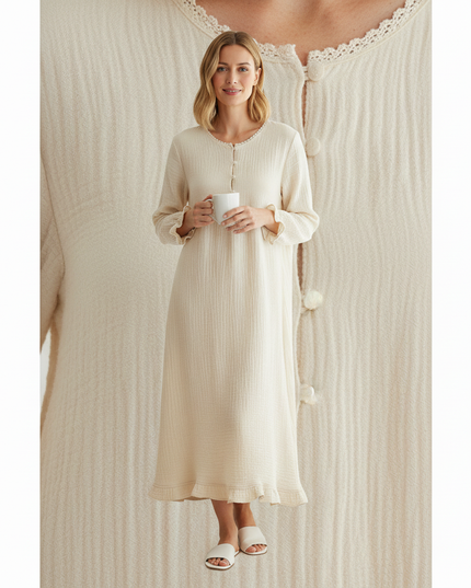 Musselin Nachthemd Damen Creme Beige Knopfleiste - Ansicht 4