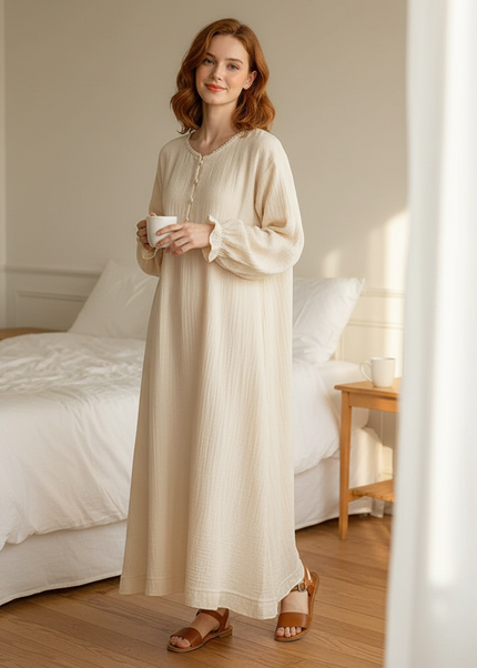 Musselin Nachthemd Damen Creme - Laternenarm A-Linie - Ansicht 1