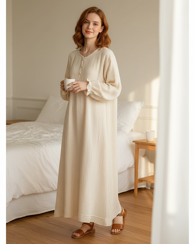 Musselin Nachthemd Damen Creme - Laternenarm A-Linie - Ansicht 1