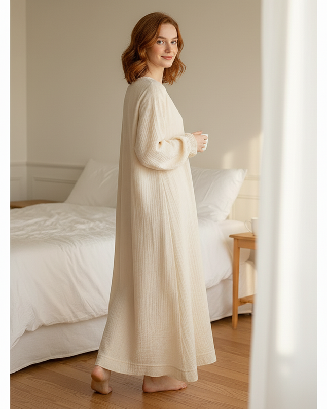 Musselin Nachthemd Damen Creme - Laternenarm A-Linie - Ansicht 2