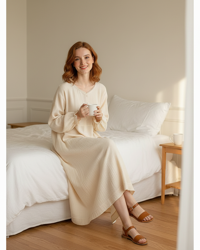 Musselin Nachthemd Damen Creme - Laternenarm A-Linie - Ansicht 3