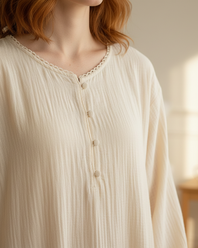 Musselin Nachthemd Damen Creme - Laternenarm A-Linie - Ansicht 4