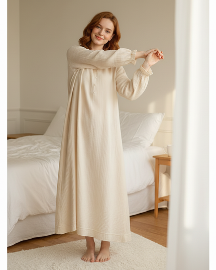 Musselin Nachthemd Damen Creme - Laternenarm A-Linie - Ansicht 5