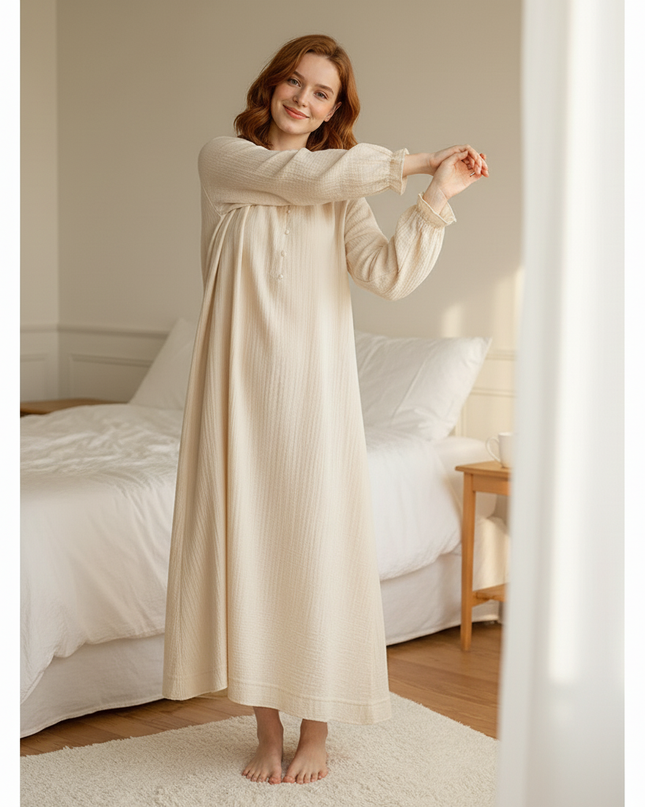 Musselin Nachthemd Damen Creme - Laternenarm A-Linie - Ansicht 5