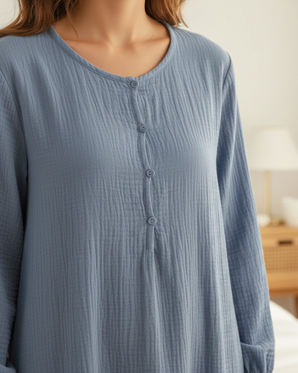 Musselin Nachthemd Damen Dunkelblau - Laternenarm - Ansicht 4