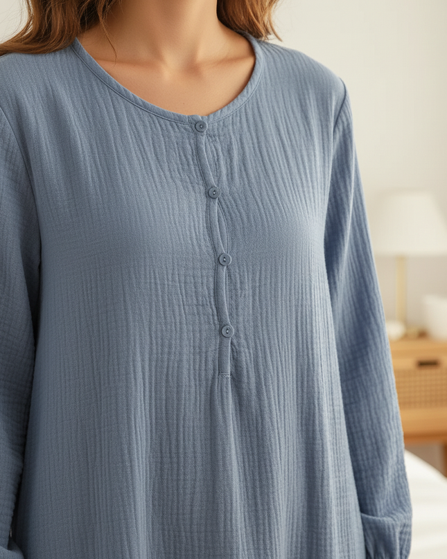 Musselin Nachthemd Damen Dunkelblau - Laternenarm - Ansicht 4