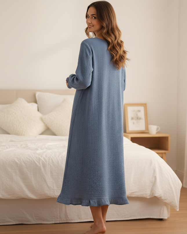 Musselin Nachthemd Damen Navy Knopfleiste Lang - Ansicht 2