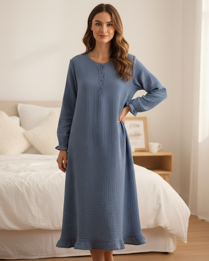 Musselin Nachthemd Damen Navy Knopfleiste Lang - Ansicht 4
