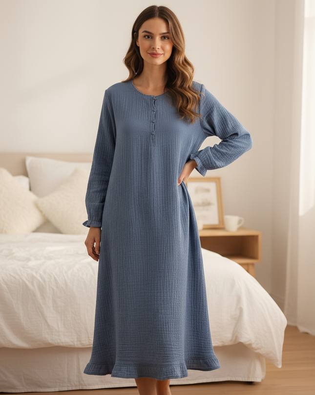 Musselin Nachthemd Damen Navy Knopfleiste Lang - Ansicht 4