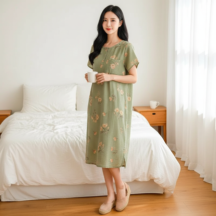 Musselin Nachthemd Damen Grün Blumenmuster Kurzarm - Ansicht 1