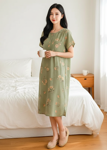 Musselin Nachthemd Damen Grün Blumenmuster Kurzarm - Ansicht 1