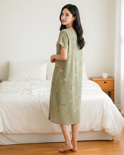 Musselin Nachthemd Damen Grün Blumenmuster Kurzarm - Ansicht 2