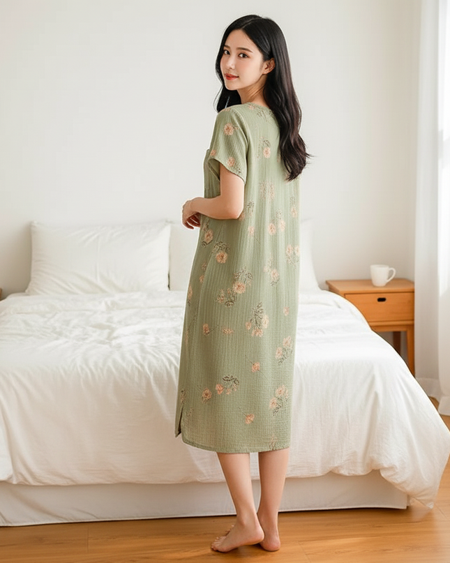 Musselin Nachthemd Damen Grün Blumenmuster Kurzarm - Ansicht 2