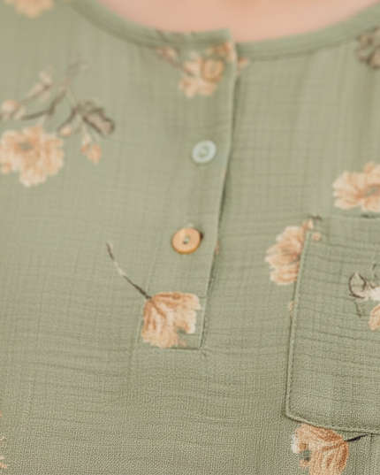 Musselin Nachthemd Damen Grün Blumenmuster Kurzarm - Ansicht 4