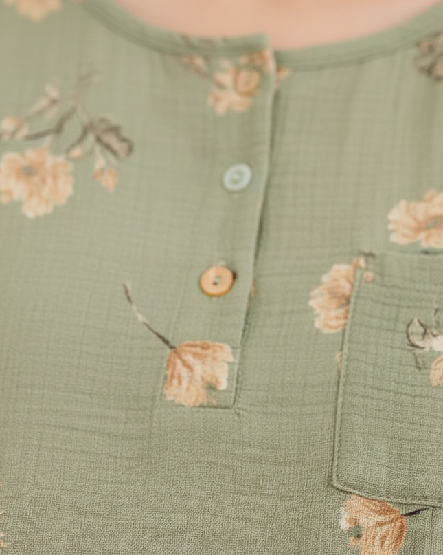 Musselin Nachthemd Damen Grün Blumenmuster Kurzarm - Ansicht 4