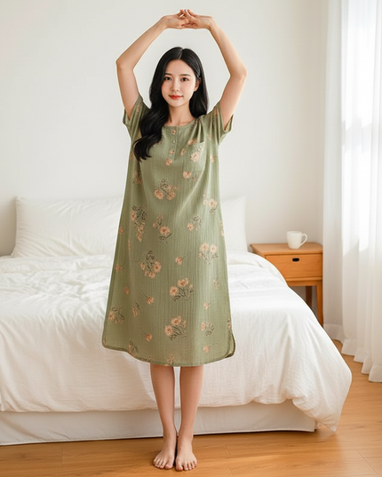 Musselin Nachthemd Damen Grün Blumenmuster Kurzarm - Ansicht 5