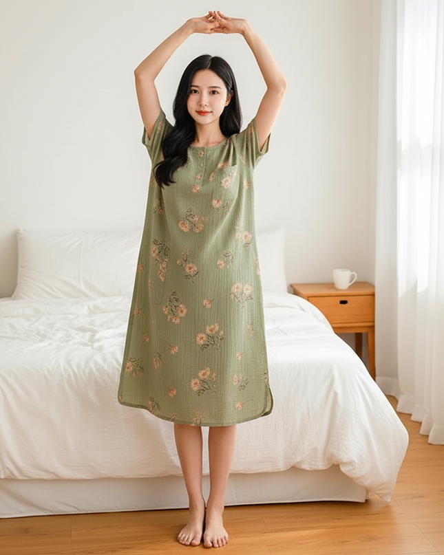 Musselin Nachthemd Damen Grün Blumenmuster Kurzarm - Ansicht 5