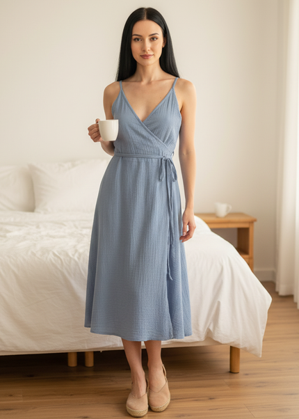 Musselin Nachthemd Damen Hellblau Traeger V-Neck - Ansicht 1