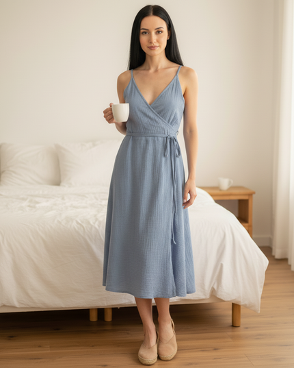 Musselin Nachthemd Damen Hellblau Traeger V-Neck - Ansicht 4