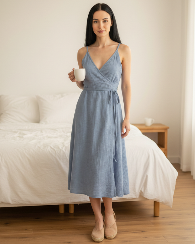 Musselin Nachthemd Damen Hellblau Traeger V-Neck - Ansicht 4
