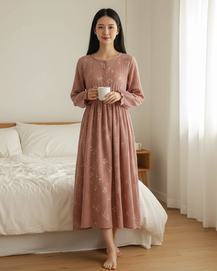 Musselin Nachthemd Damen Kurz Rosa Blumenprint - Ansicht 1