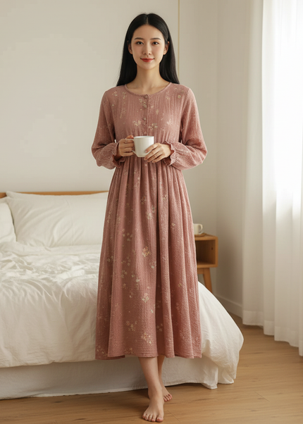 Musselin Nachthemd Damen Kurz Rosa Blumenprint - Ansicht 1