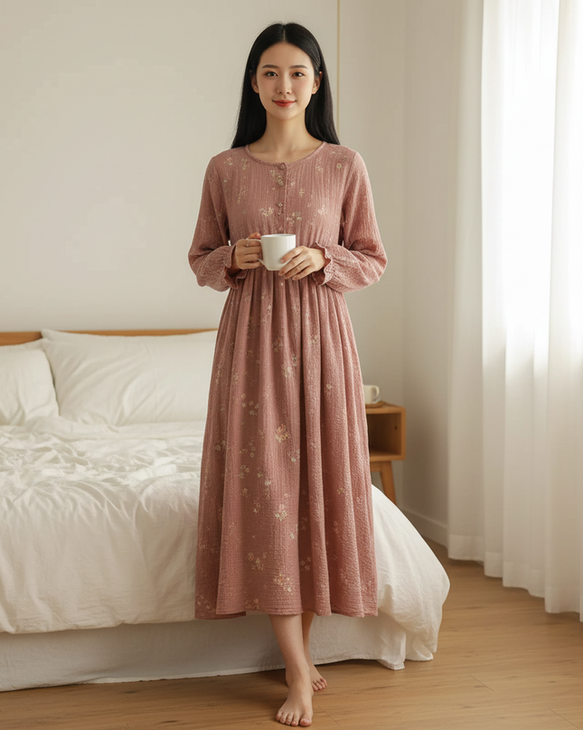 Musselin Nachthemd Damen Kurz Rosa Blumenprint - Ansicht 1