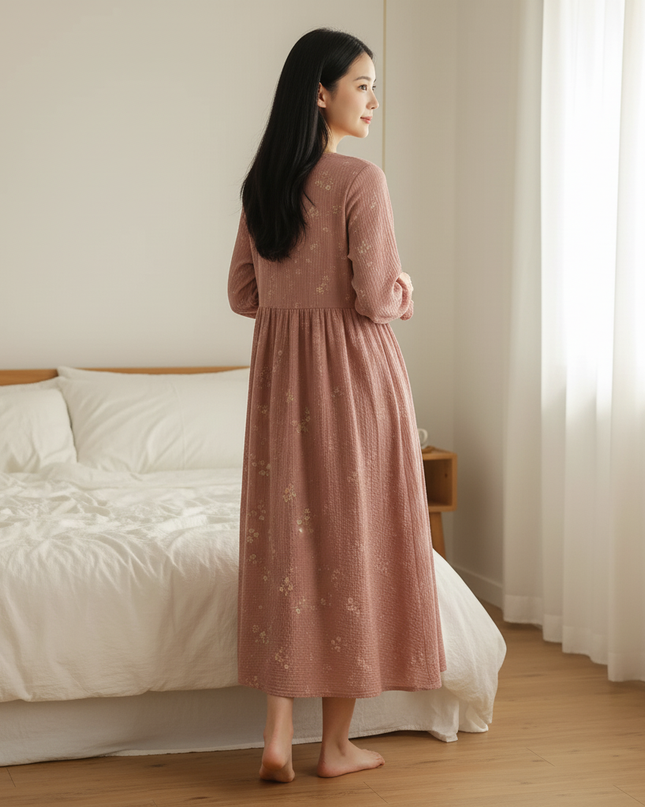 Musselin Nachthemd Damen Kurz Rosa Blumenprint - Ansicht 2