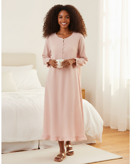 Musselin Nachthemd Damen Kurzarm Rosa Blumenprint - Ansicht 1