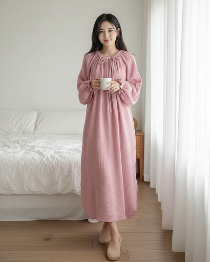 Musselin Nachthemd Damen Lang Rosa Blumenmuster - Ansicht 1
